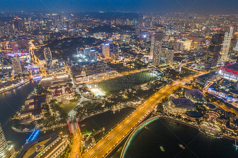 都市风景,新加坡市,城市天际线,航拍视角,市区,中环,宽的,天空,夜晚,市区路