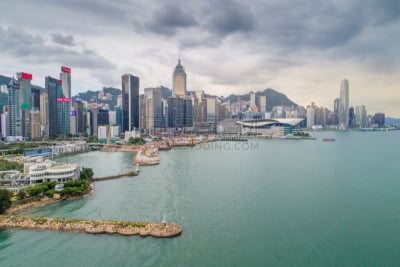 Aerial view panoramic of the Hong Kong City Skyline and Victoria Harbour at sunset at china