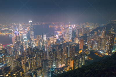 Aerial view panoramic of the Hong Kong City Skyline and Victoria Harbour at sunset at china