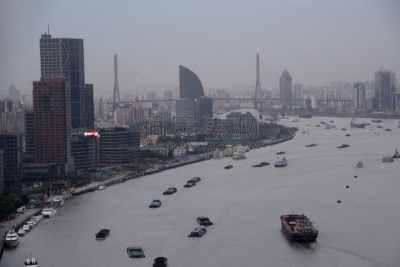 上海,黄浦江,驳船,天空,水平画幅,工业船,杨浦大桥,无人,全景,交通