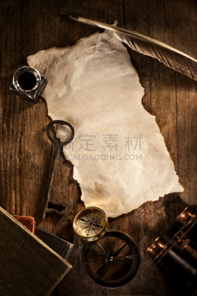 空白的,古董,钥匙,文档,罗盘,纸,木制,羊皮纸,皱纹,烧毁的