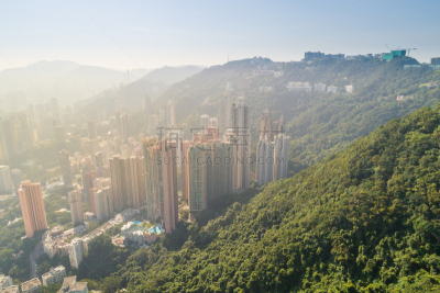 Aerial view panoramic of the Hong Kong City Skyline and Victoria Harbour at sunset at china
