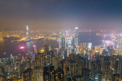 Aerial view panoramic of the Hong Kong City Skyline and Victoria Harbour at sunset at china