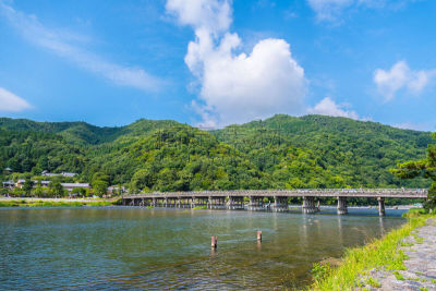 京都府,渡月桥,岚山,名声,水,美,水平画幅,云,无人,传统