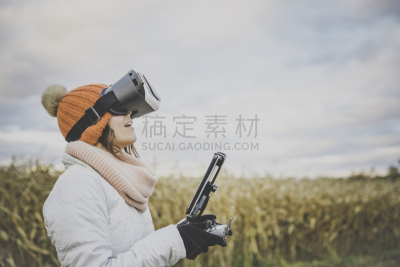 无人机,女人,飞行员,遥控器,山,虚拟现实,药丸,农业,技术,拿着