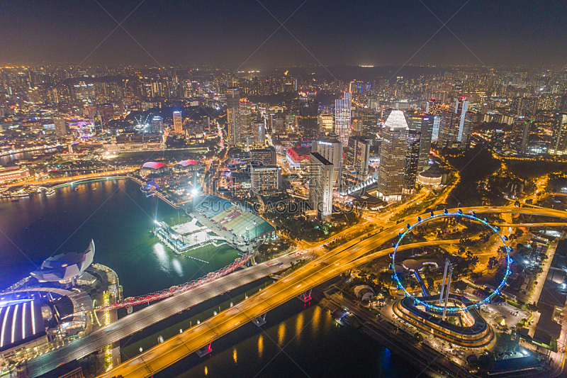都市风景,新加坡市,城市天际线,航拍视角,市区,宽的,中环,天空,夜晚,市区路