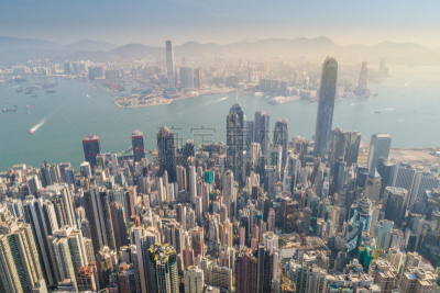 Aerial view panoramic of the Hong Kong City Skyline and Victoria Harbour at sunset at china
