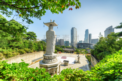 Beautiful view of Seoul skyline from Bongeunsa Temple