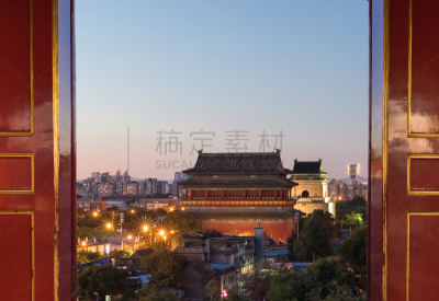 北京,门,鼓楼,开着的,视力,曙暮光,世界遗产,黄昏,复古风格,户外