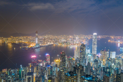 Aerial view panoramic of the Hong Kong City Skyline and Victoria Harbour at sunset at china