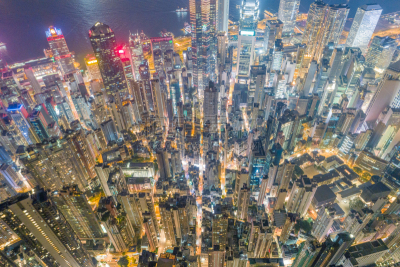 Aerial view panoramic of the Hong Kong City Skyline and Victoria Harbour at sunset at china