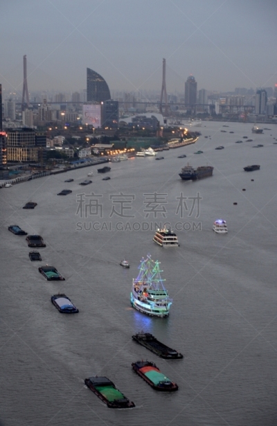 黄浦江,驳船,上海,垂直画幅,天空,工业船,杨浦大桥,无人,交通,东亚