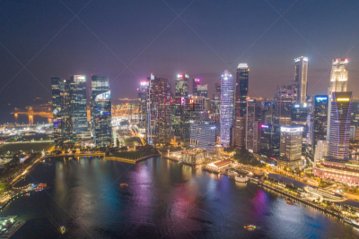 Aerial view Panoramic of the Singapore Skyline and Marina Bay, the marina is the centre of the economy in singapore, there are here all the building in singapore central