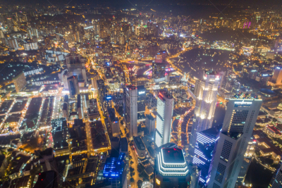 都市风景,新加坡市,城市天际线,航拍视角,市区,中环,宽的,天空,夜晚,市区路
