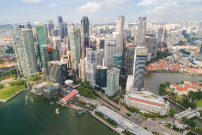Aerial view Panoramic of the Singapore Skyline and Marina Bay, the marina is the centre of the economy in singapore, there are here all the building in singapore central