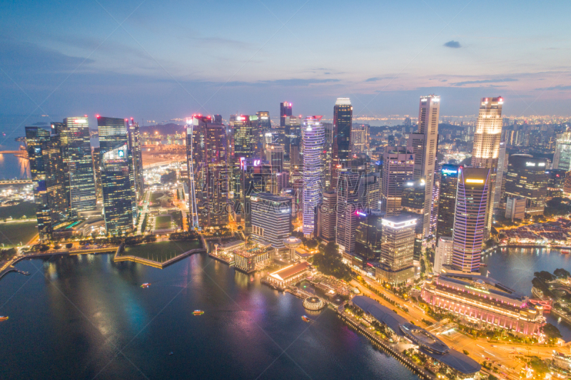 Aerial view Panoramic of the Singapore Skyline and Marina Bay, the marina is the centre of the economy in singapore, there are here all the building in singapore central