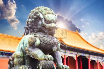 北京,故宫,狮子,雕像,户外,白昼,蓝色,青铜,远古的,古老的