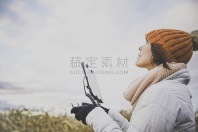 无人机,女人,飞行员,遥控器,山,药丸,农业,手套,技术,拿着