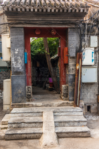 传统,北京,建筑物门,中国,都市风景,庭院,四个物体,平衡折角灯,狭窄的,砖
