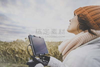 无人机,女人,飞行员,遥控器,药丸,山,农业,手套,技术,拿着