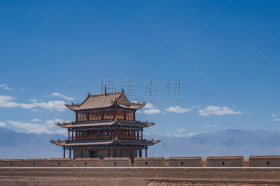 天空,蓝色,建筑外部,围墙,嘉峪关市,门楼,在下面,山口,纪念碑,水平画幅