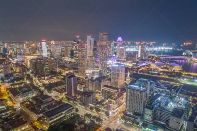Aerial view Panoramic of the Singapore Skyline and Marina Bay, the marina is the centre of the economy in singapore, there are here all the building in singapore central