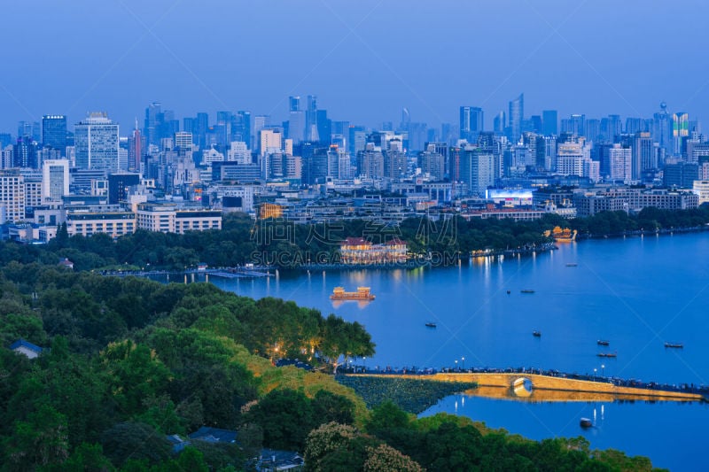 都市风景,杭州,黄昏,著名景点,雷峰宝塔,湖,河流,2018,户外,天空