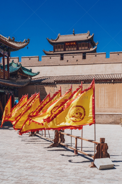 黄色,红色,传统,建筑外部,嘉峪关市,前面,山口