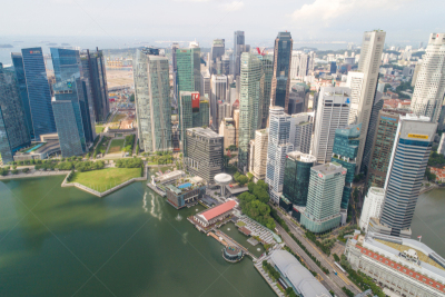 Aerial view Panoramic of the Singapore Skyline and Marina Bay, the marina is the centre of the economy in singapore, there are here all the building in singapore central