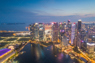 Aerial view Panoramic of the Singapore Skyline and Marina Bay, the marina is the centre of the economy in singapore, there are here all the building in singapore central