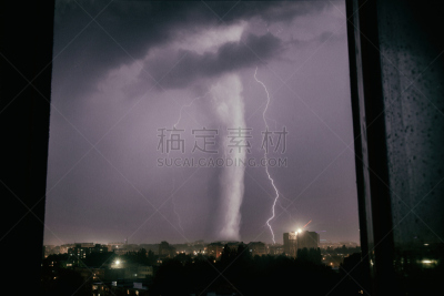 城市,龙卷风,在上面,混沌,风,暴风雨,气候,夜晚,碾碎了的,光