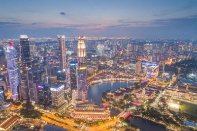 Aerial view Panoramic of the Singapore Skyline and Marina Bay, the marina is the centre of the economy in singapore, there are here all the building in singapore central