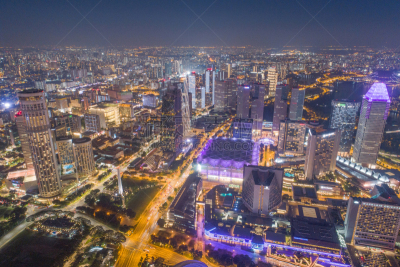 Aerial view Panoramic of the Singapore Skyline and Marina Bay, the marina is the centre of the economy in singapore, there are here all the building in singapore central