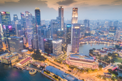 Aerial view Panoramic of the Singapore Skyline and Marina Bay, the marina is the centre of the economy in singapore, there are here all the building in singapore central