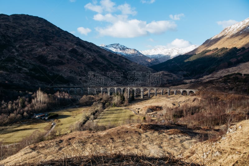 高架桥,格伦菲南地区,春天,白昼,晴朗,洛哈伯,雪山,云,黄昏,草