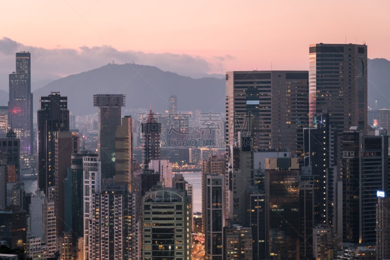 Sunset Hong Kong business district skyline