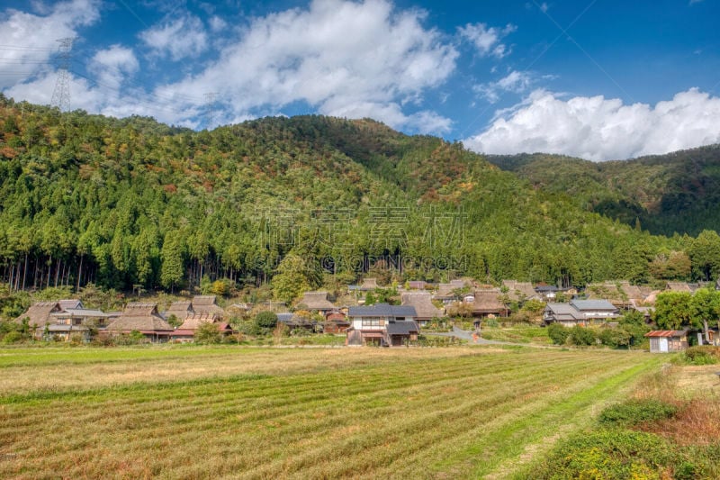 乡村,京都府,日本,美山,都市风光,传统,古老的,过去,秋天,云