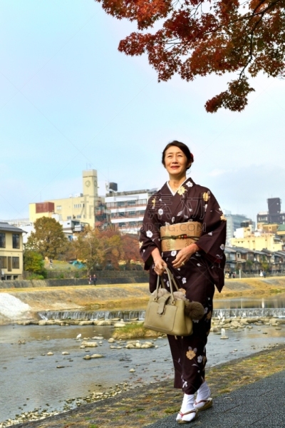和服,女人,京都府,日本人,鸭川,秋天,中老年女人,仅日本人,仅一个中老年女人,一个人
