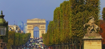 Arc de Triomphe and La Defense from Avenue des Champs-Élysées and Place de la Concorde – Paris, France