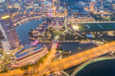 Aerial view Panoramic of the Singapore Skyline and Marina Bay, the marina is the centre of the economy in singapore, there are here all the building in singapore central