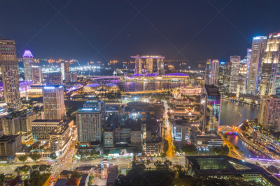 Aerial view Panoramic of the Singapore Skyline and Marina Bay, the marina is the centre of the economy in singapore, there are here all the building in singapore central