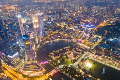 Aerial view Panoramic of the Singapore Skyline and Marina Bay, the marina is the centre of the economy in singapore, there are here all the building in singapore central