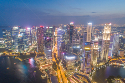 Aerial view Panoramic of the Singapore Skyline and Marina Bay, the marina is the centre of the economy in singapore, there are here all the building in singapore central