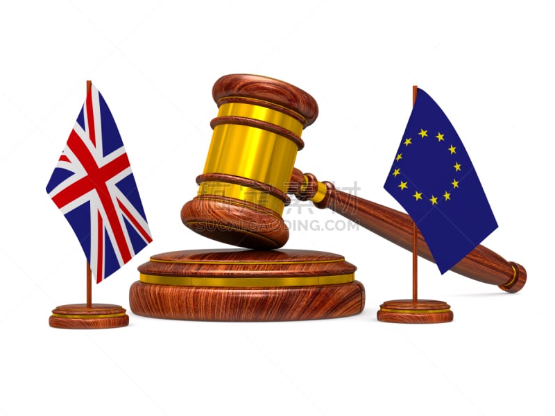 flag EU and  Great Britain and wooden gavel on white background. Isolated 3D image