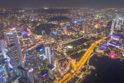 Aerial view Panoramic of the Singapore Skyline and Marina Bay, the marina is the centre of the economy in singapore, there are here all the building in singapore central