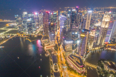 Aerial view Panoramic of the Singapore Skyline and Marina Bay, the marina is the centre of the economy in singapore, there are here all the building in singapore central