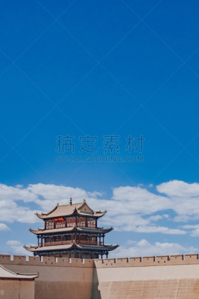 天空,蓝色,建筑外部,围墙,嘉峪关市,门楼,在下面,山口,垂直画幅,纪念碑