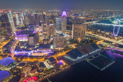 Aerial view Panoramic of the Singapore Skyline and Marina Bay, the marina is the centre of the economy in singapore, there are here all the building in singapore central