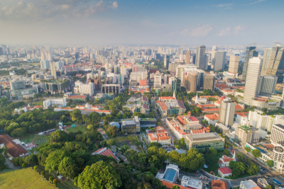 Aerial view Panoramic of the Singapore Skyline and Marina Bay, the marina is the centre of the economy in singapore, there are here all the building in singapore central