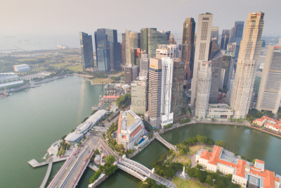 Aerial view Panoramic of the Singapore Skyline and Marina Bay, the marina is the centre of the economy in singapore, there are here all the building in singapore central